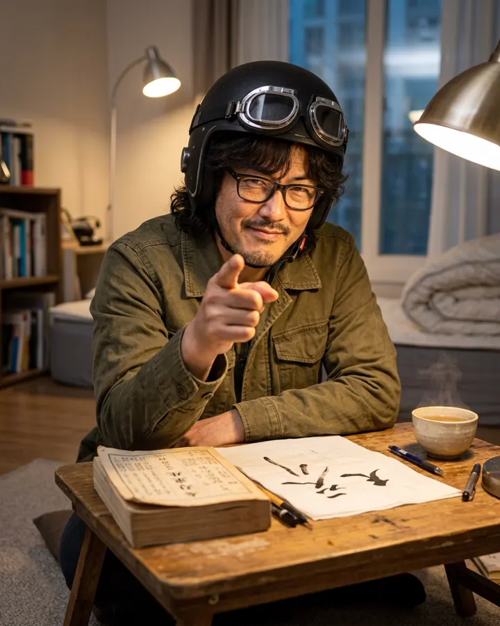 사주책을 펴고 손가락으로 손님을 가리키는 부산 동철 아재
